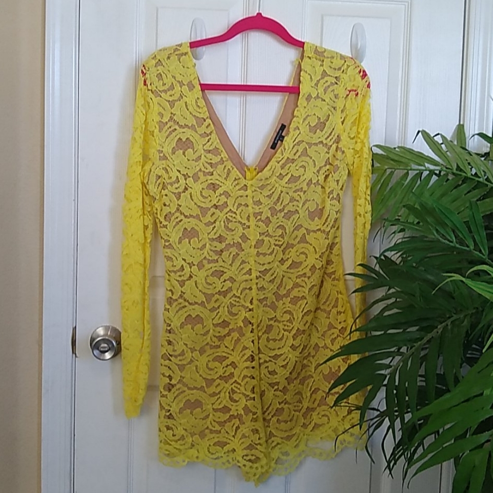 ✨💯✨Evenuel Yellow Lace Romper With Tan Underlayer